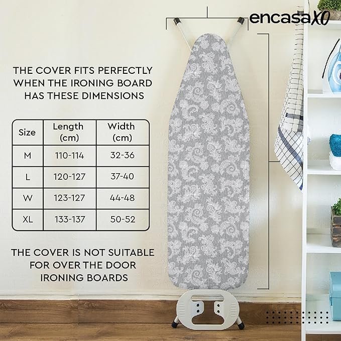 Encasa XO Ironing Board Cover with 4mm Extra Thick Felt Pad for Steam Press – Grey - (Fits Standard Boards of Medium, 42"x14") Elastic Fitting, Heat Reflective, Protective