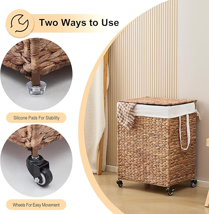 2-Section Laundry Hamper with Lid, Large Capacity Woven Natural Water Hyacinth Laundry Sorter with Removable Liners, Rolling or Non-Slip Design for Bedroom (Espresso, 100L)