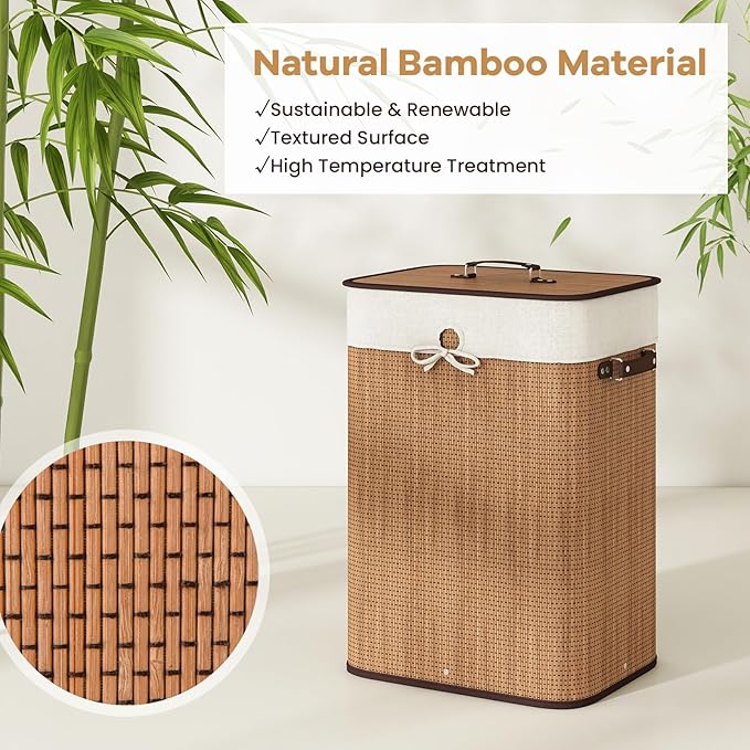 Giantex Bamboo Laundry Hamper with Lid, 72L Large & Tall Clothes Hamper with Removable Liner & Handles, Rectangular Laundry Basket for Small Spaces, Laundry Room, Bedroom