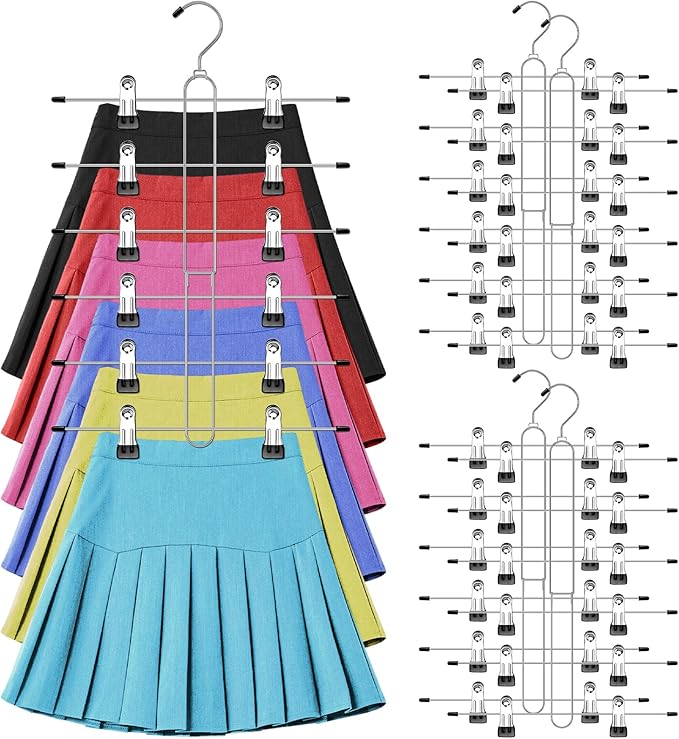 6 Tier Skirt Hangers Space Saving,4 Pack Pants Skirts Hangers with Clips for Women Closet,Non Slip Closet Organizer and Storage Multi Clothes Shorts Hanger Organization Dorm Room Essentials
