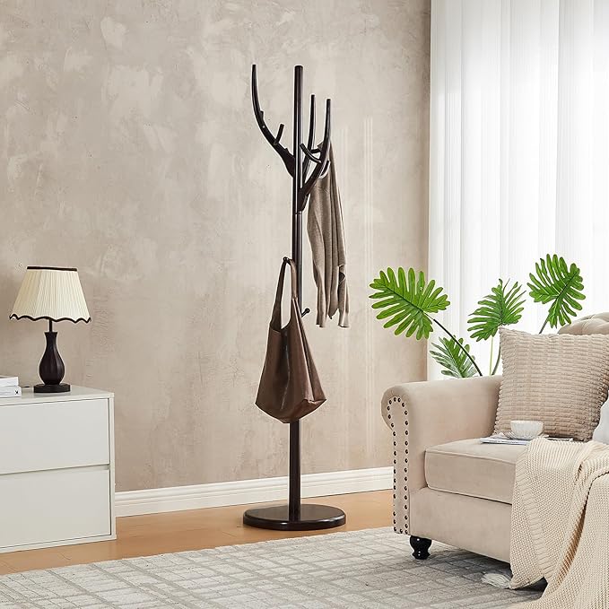 CozyDH Coat Rack Wooden Freestanding - Wood Coat Rack Freestanding Heavy Duty, Wooden Coat Stand with 12 Hooks Creative Tree Branch-look for Entryway, Hallway, Bedroom (Dark Walnut)