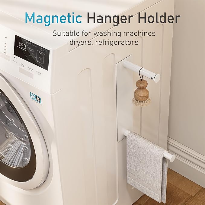 Hanger Organizer Stacker, Magnetic Hanger Holder, Retractable Hanger Storage Rack for Laundry Room Organization, Washing Machine and Dryer, Holds 50 Velvet/Wire/Plastic Hangers (White)