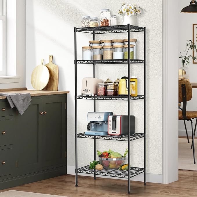 Storage Shelves Heavy Duty Metal Shelving Unit with Leveling Feet, 5 Tier Adjustable Garage Storage Rack, 750 LBS, Utility Metal Shelves for Pantry Kitchen Office (Black, 24" L x 14" W x60" H)