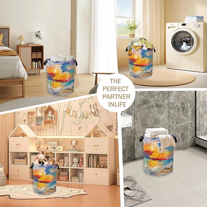 Sea Sunset Laundry Hamper,Abstract Oil Painting Clothes Hamper for Laundry,Waterproof Oxford Toy Storage Collapsible Hampers for Bedroom, Dorm Room,Bathroom,16x20 Inch