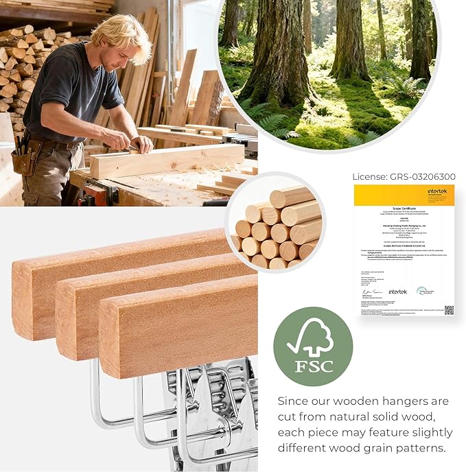 HOUSE DAY Wooden Pants Hangers with Clips, Solid Lotus Deluxe Wood Skirt Hangers, Heavy Duty & Anti-Rust Hook for Wrinkle-Free Slacks, Skirts, Jeans, Space Saving for Closet 20 Pack (Natural)