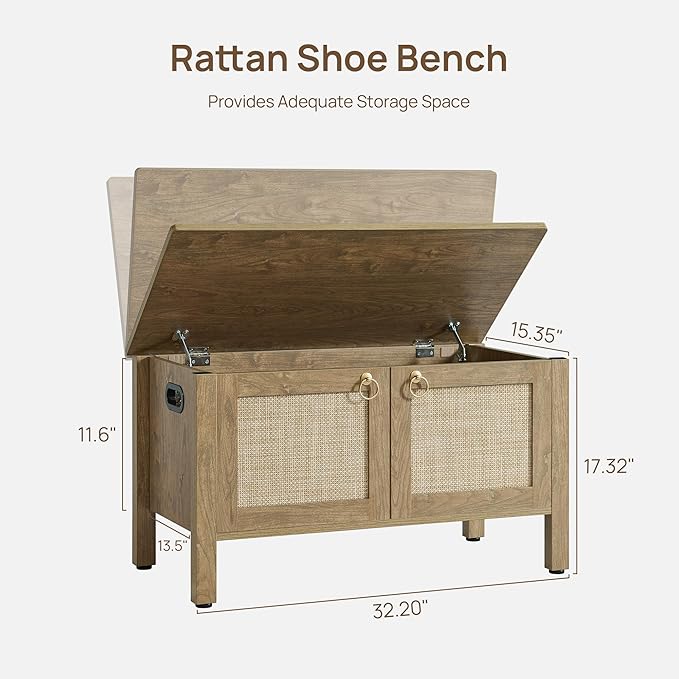 SICOTAS Rattan Shoe Bench - 2 Pieces Farmhouse Shoe Organizer Bench with Lift Top Storage and Hidden Cabinet, Boho Shoe Rack Cabinet for Entryway, Hallway, Bedroom (Carbon Cherry)