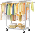 Hoctieon 2-Minute Assembly Double Rod Clothes Rack, Heavy Duty Rolling Clothing Racks with Wheels, Foldable Commercial Garment Rack, Extendable Hanging Bar, Adjustable Metal Pole with Hooks, Chrome