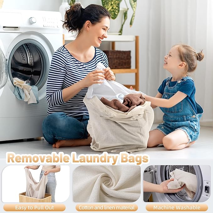 150L Laundry Hamper with lid, 3-Section Clothes Laundry Basket with Handles, Large Collapsible Bamboo Baskets for Bedroom, Bathroom, Dorm, Natural Beige