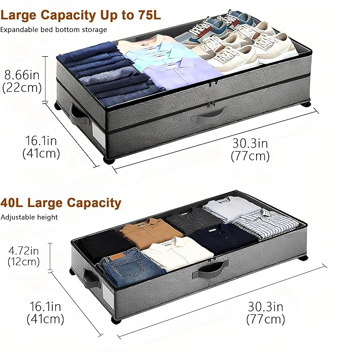 Under Bed Storage with Wheels, 2 Pack 75L Underbed Large Storage Bins with Lid, Adjustable Rolling Storage Containers for Clothes, Shoes, Blankets