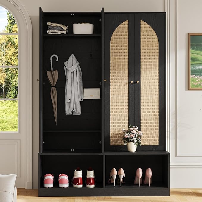 Bohemian Farmhouse Widen Hall Tree with 4 Rattan Doors, Versatile 4-in-1 Hall Tree, Mid-Century Entryway Shoe Cabinet with Adjustable Shelf and 6 Hooks, Seating Bench for Living Room