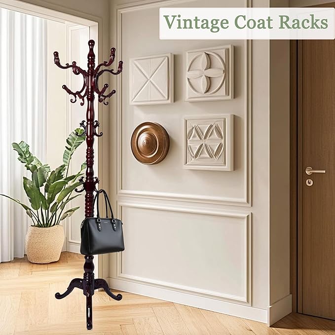 Coat Rack Freestanding,Solid Wooden Coat Rack Stand with 3 Height Options,14 Hooks, Natural Birch Coat Tree Easy to assemble for Clothes Jacket Hat bag Entryway (mahogany) (mahogany 2)