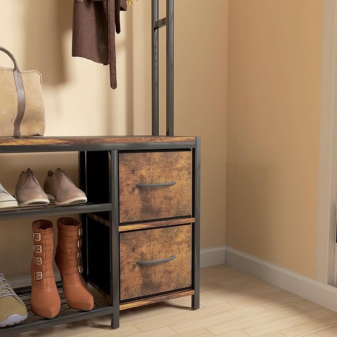 HOMCOM Hall Tree with Bench and Shoe Storage, 5-in-1 Entryway Bench with Coat Rack, 3 Storage Compartments, 5 Coat Hooks, 2 Fabric Drawers, Distressed Dark Brown