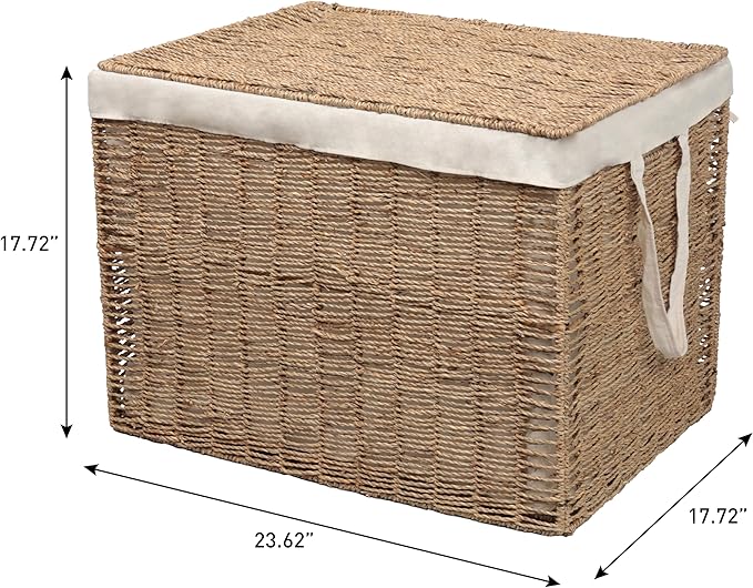 happimess BSK2017A Reed Coastal Bohemian Handwoven Seagrass Laundry Hamper 110L (29.1 Gallon) with Lid and Removable Liner, Seagrass Containers for Decoration in Living Room, Natural