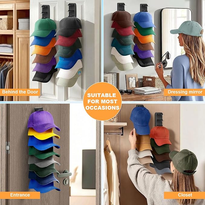 Vocanoe Hat Organizer for Baseball Caps, 2 Pack Hat Rack for Wall Strong Adhesive Hold up to 16 Hats, Multilayer Hat Storage Holder, Wall Mounted Cap Racks for Closet Door and Bedroom