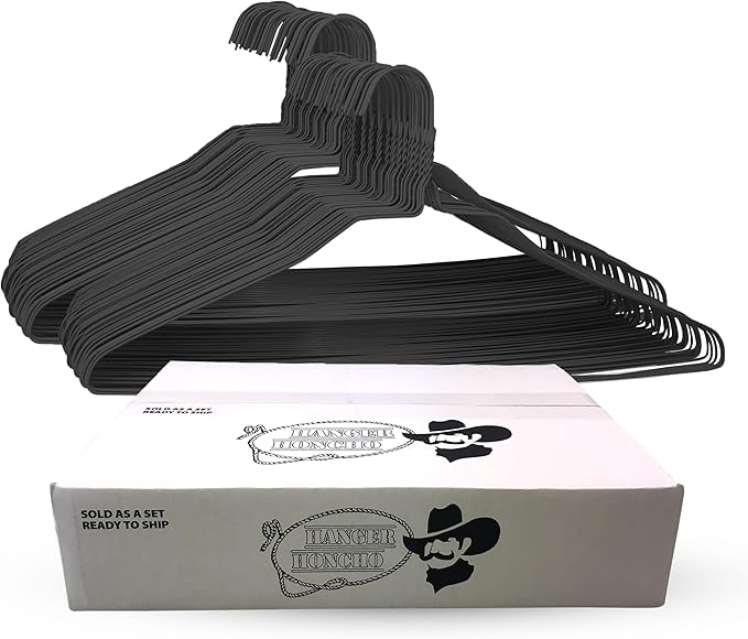 Wire Metal Clothes Hangers 50 Pack for Standard Size Shirts, Pants, Skirts, Space Saving, Non Slip,18 Inch 14.5 Gauge Ultra Thin Standard Dry Cleaner Coated Steel (200, Black)