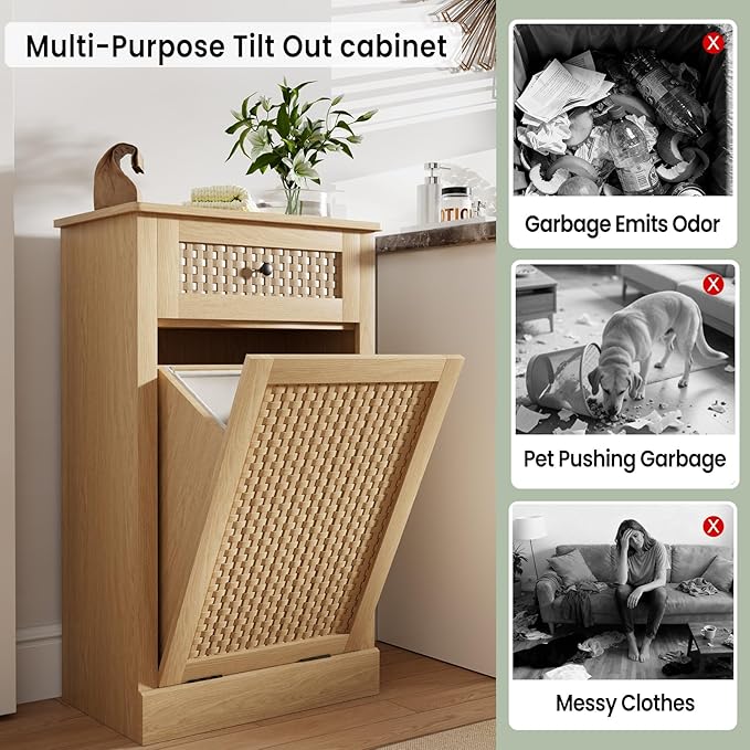 Tilt Out Laundry Hamper Cabinet, Rattan-Style Laundry Room Organization with Removable Laundry Basket, Hidden Wood Dirty Clothes Hamper with Drawer, 21.6" L x 13" W x 35.8" H, Wood