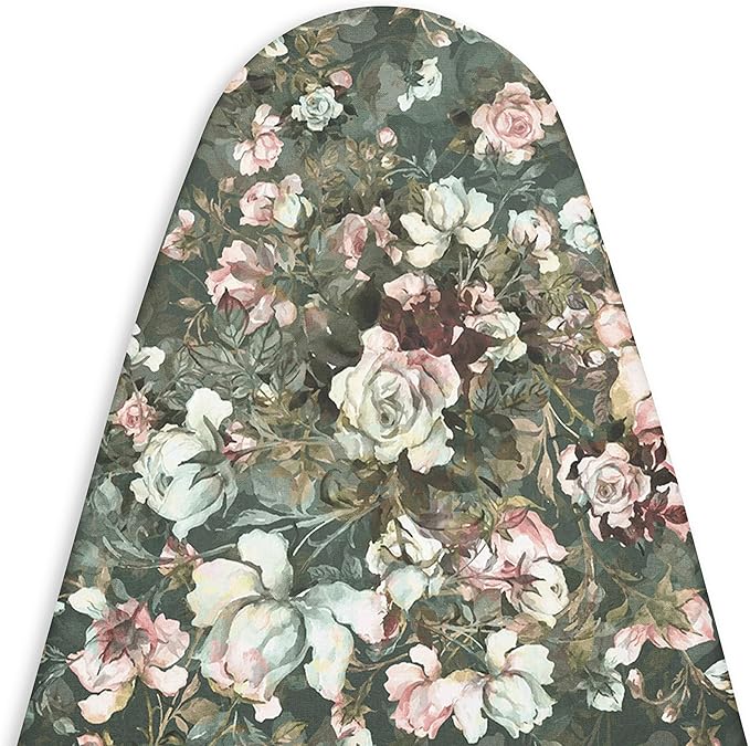 Encasa XO Ironing Board Cover and Pad - Thick 4mm Felt, Heat & Scorch-Resistant, Fits Standard Large Boards 54"x15", Elastic Bungee Cord Tightening, Easy Fit, Stain-Safe Dye, Green Roses