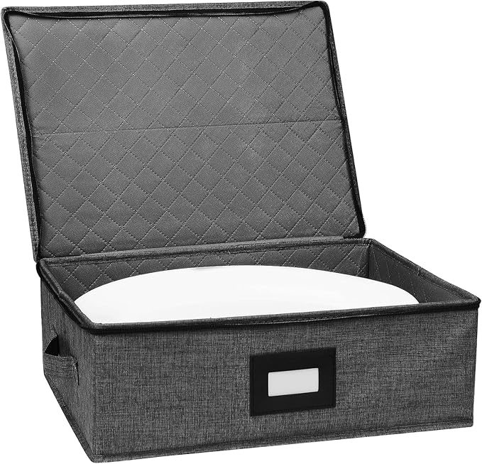 China Storage Containers 2 Pack, Platter Storage Containers 17" x 13" x 6" for Dinnerware Storage and Transport, 5 Felt Dividers Included, Structured Top and Stackable (Black)