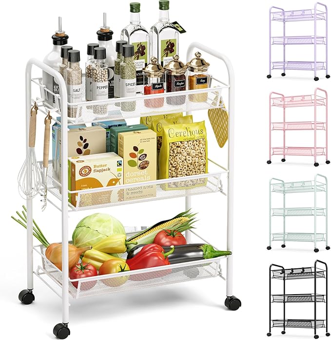 TOOLF 3-Tier Metal Rolling Cart, Mesh Wire Easy Assemble Utility Cart, Storage Trolley on Wheels with 3 Hooks, MetalStorage Shelving Units for Kitchen Bathroom Laundry Room