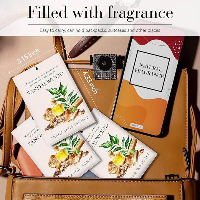 Sandalwood Scented Sachet Bags - 12 Pack Closet & Drawer Freshener, Long Lasting Odor Eliminator for Wardrobes, Cars & Storage, Home Fragrance Air Freshener Sachets