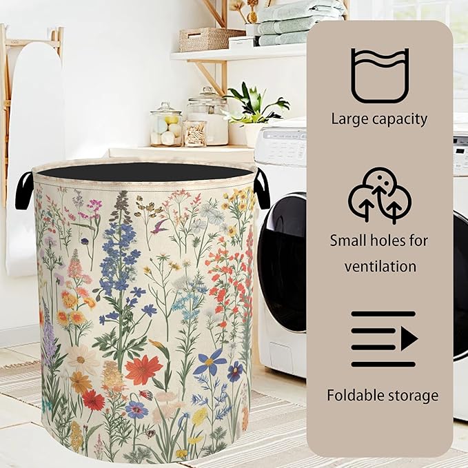 Summer Wild Herbs Large Clothes Hamper Bag - Laundry Basket with Handles, Space Saving Foldable Design for Nursery
