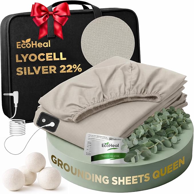 Luxury Lyocell Grounding Sheets Queen 22% Silver Fiber, 74% Cooling Lyocell, 4% Silk, Quality Certified - Conductive Earth Fitted Sheet 15" Deep w/Wash Bag & Wool Dryer Balls, Beige