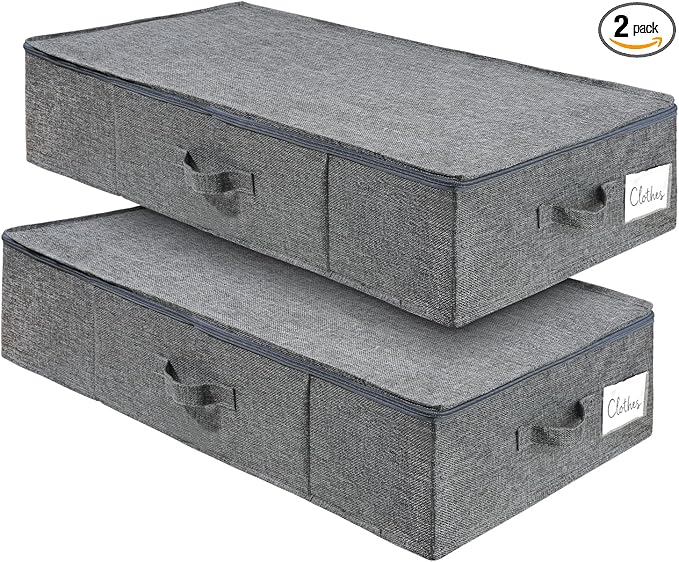 2 Pack Large Under Bed Storage Containers with Lid,Ultra Thick Underbed Clothes Storage Organizer with Sturdy Sidewalls,Foldable Under Bed Bag for Shoe,Blankets,Sweater,30x15x7 inch,Grey