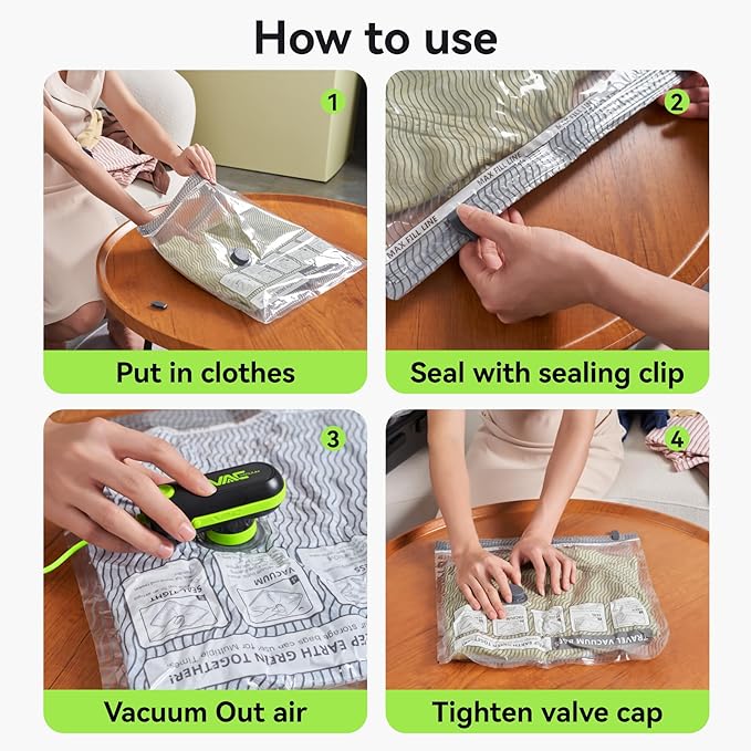 12 Pack Travel Vacuum Bags for Clothing with USB and TYPE C Pump, Compression Seal Packing Cubes for Luggage Suitcase Backpack,Carry-on Size Space Saver Storage Bags for Vacation Cruise（Green）