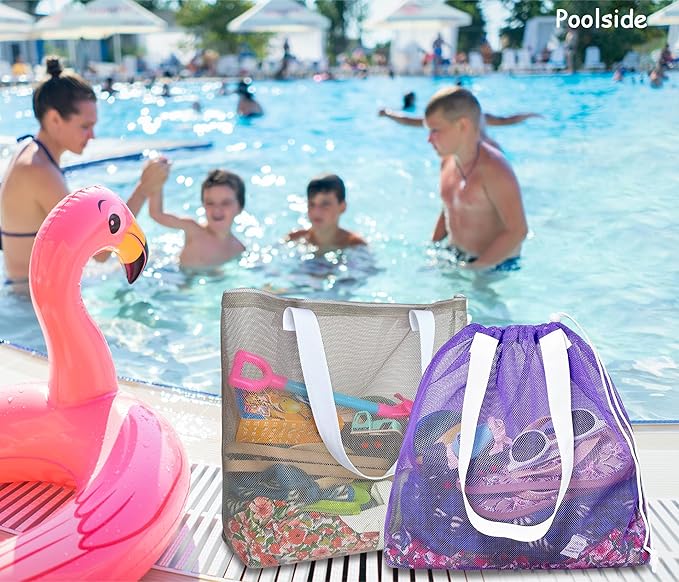 Reusable 4Pack Colorful Mesh Beach Tote Bags,Mesh Shopping Bag With Drawstring For Travel,Toys,Gift Or Laundry … …