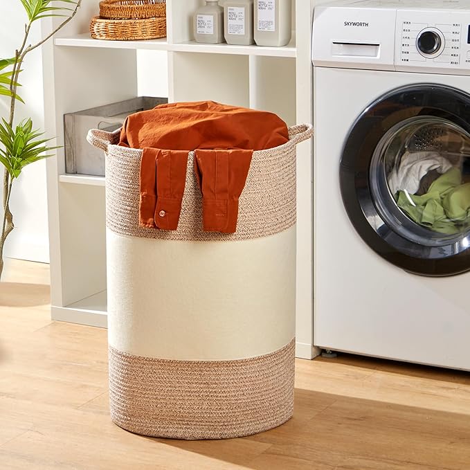 90L Jumbo Woven Laundry Hamper,17" x 17" x 24" Extra Large Laundry Basket for Blanket Storage,Tall Baby Nursery Hamper for Toys in Bedroom,Living Room Brown&White