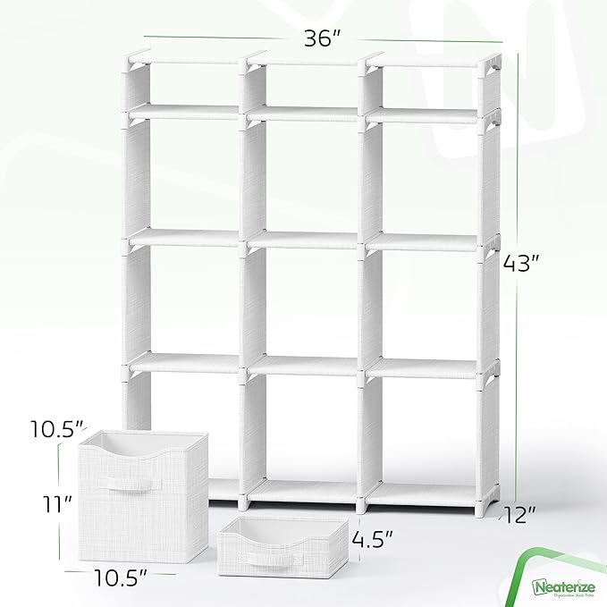 12 Cube Storage Organizer With Bins Included - Closet Storage With 12 Storage Bins - Easy To Assemble Storage Unit With Drawers - Closet Organization For Clothes, Bedroom, Nursery, & Toys (White-Grey)