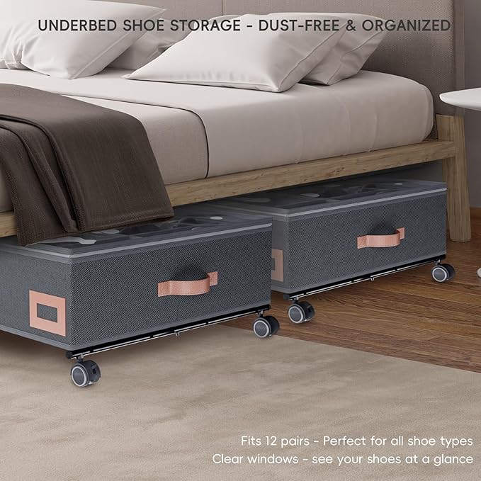 Under Bed Shoe Storage with Wheels, Set of 2, Fit 12 Pairs, Dorm Room Essentials, Shoe Organizer Under Bed Solution with Clear Window, Breathable, Shoe Organizer for Closet