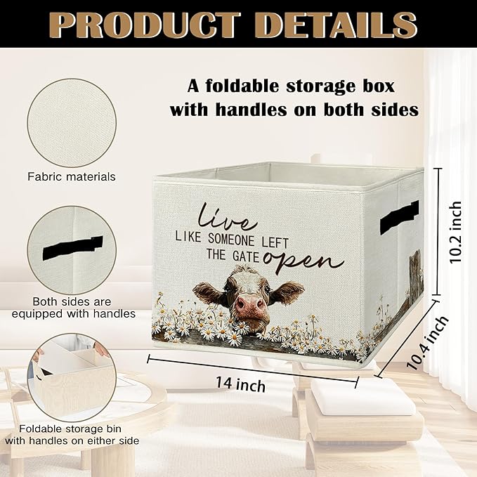 Rustic Cow Storage Bins & Boxes with Handles, Farmhouse Cow Foldable Basket for Organizing, Live Like Someone Left the Gate Open Collapsible Storage Basket for Bedroom Bathroom Clothes Toys
