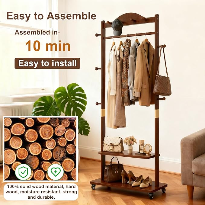 Coat Rack Freestanding Clothing Rack with Wheels - Heavy Duty Clothes Rack with 2 Shelves, Wooden Coat Hanger Stand with 4 Top Hooks & 5 Side Hooks for Entryway Hallway Living Room Office