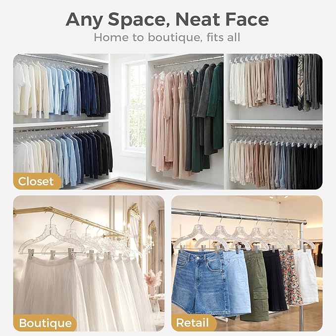 HOUSE DAY Clear Plastic Pants Hangers 25 Pack, Set Hanger for Tops and Bottoms, Non Slip Skirt Hangers with Adjustable Clips, Shoulder Notches, 360° Swivel Hook