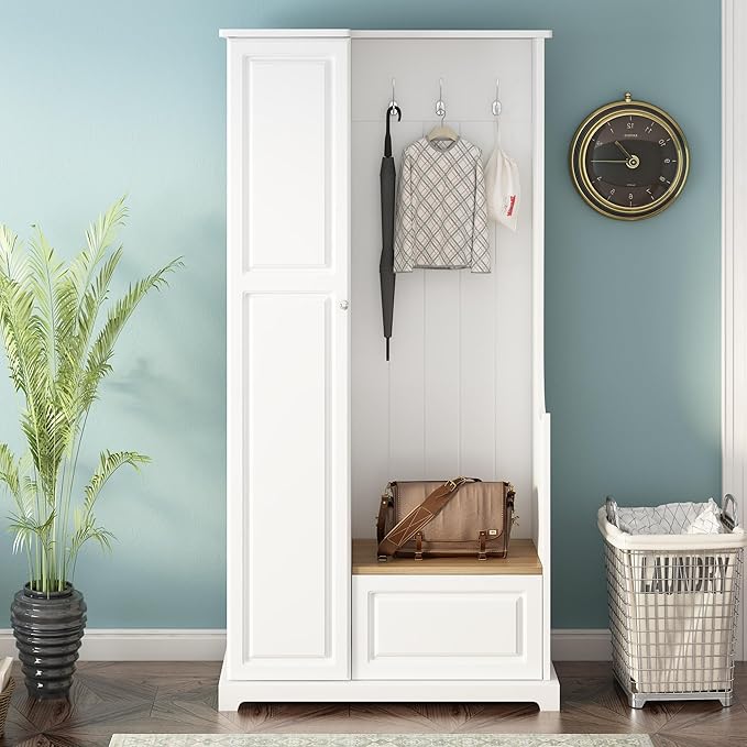 Versatile Design Hall Tree with Flip-Up Bench, 4-in-1 Minimalist Hallway Coat Hanger Shoe Cabinet with Adjustable Shelves, Entryway Coat Rack with Hanging Hooks for Entryways, Mudroom (White-35)