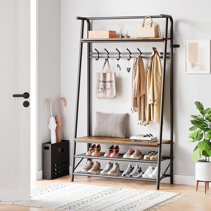 GAOMON Coat Rack, Hall Tree with Shoe Storage Bench, 3-in-1, Multifunctional Hallway Organizer, Shoe Storage with Coat Rack Stand, 5 Hooks, Metal Frame, for Entryway, 35.3 x 39.4 x 72.5