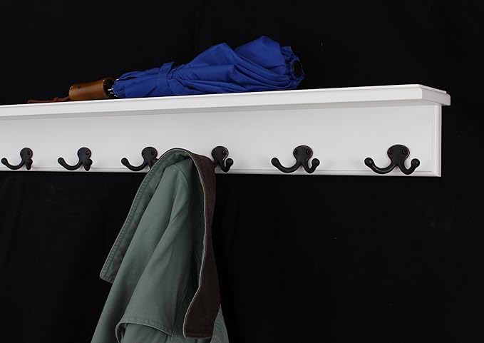 PegandRail White Shelf Coat Rack with Aged Bronze Double Style Hooks (53" with 10 Hooks)