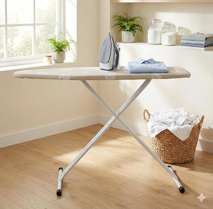 Beige T-Leg Ironing Board with Cotton Cover, 53" x 14" Ironing Board Foldable,Height Adjustable,Home Use