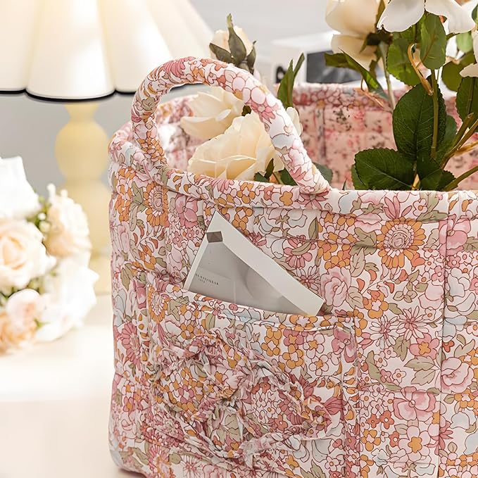 Mo&Cy Fabric Storage Basket with Handle – Collapsible Quilted Boho Floral Organizer for Laundry Room Organization,Clothes Basket,Toy Organizers and Storage,Diaper Caddy Basket(Soft Pink)