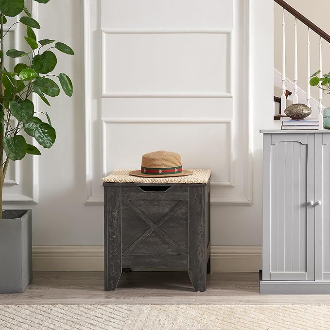 VECELO 17.7" Storage Bench, Entryway Shoe Ottoman, Farmhouse Style Bench with Handwoven Cushion and Metal Safety Hinges, for Bedroom, Living Room, Entryway, Gray