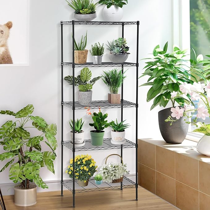 Storage Shelves Heavy Duty Metal Shelving Unit with Leveling Feet, 5 Tier Adjustable Garage Storage Rack, 750 LBS, Utility Metal Shelves for Pantry Kitchen Office (Black, 24" L x 14" W x60" H)