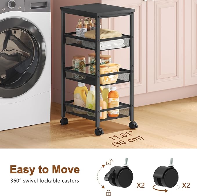 Hoctieon Rolling Storage Cart, 4-Tier 11.8" Wide Panel Rolling Kitchen Storage Cart, Utility Cart with Handle & Wheels, Mobile Shelving Unit, Metal Frame Narrow Cart for Home Kitchen, Laundry, Black