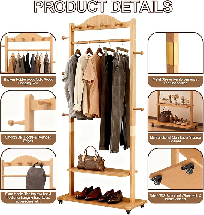 Coat Rack Freestanding Clothing Rack with Wheels - Heavy Duty Clothes Rack with 2 Shelves, Wooden Coat Hanger Stand with 4 Top Hooks & 5 Side Hooks for Entryway Hallway Living Room Office