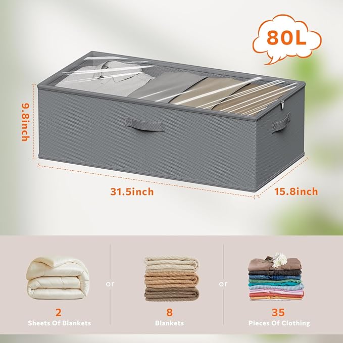 10 Inch 2 Pack Under Bed Storage Containers, 10 Inch Tall Underbed Clothes Storage Organizer Bin with Clear Window，Foldable Box Basket for Clothes, Closet, Bed Sheets and Blankets Gray