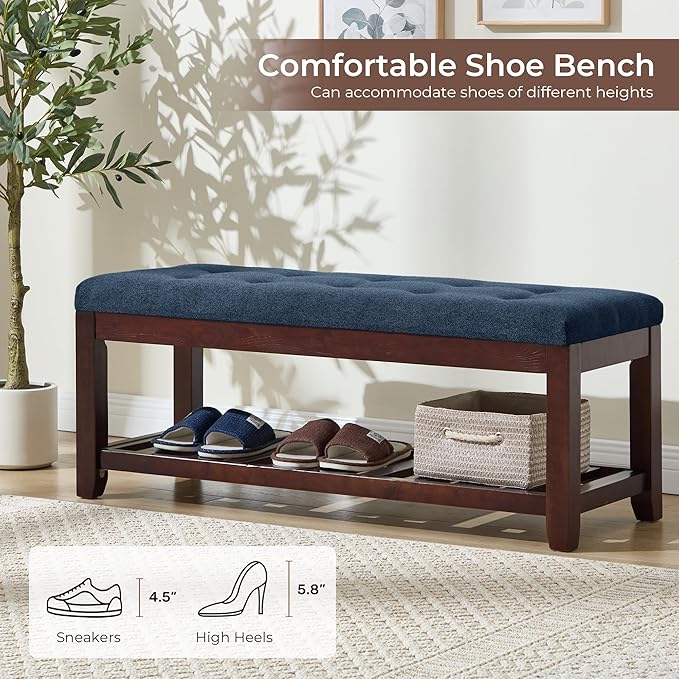 Shoe Bench Entryway, 44" End of Bed Bench,Upholstered Linen Bench for Living Room,Fabric Ottoman Bench with Solid Wood Shelf for Bedroom, Entrance Darkblue