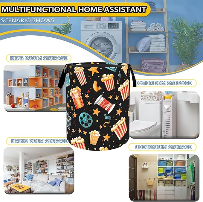 Popcorn Film Reel Star Laundry Basket,Fun Food Dirty Clothes Hamper,Movie Night Storage Bin Gifts,Foldable Waterproof Oxford Cloth Baskets for Bedroom,Bathroom,Home Decoration(19.7" x 15.8")