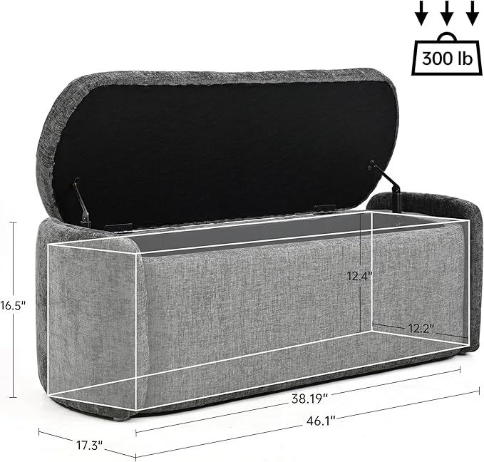 VKNOW Oval Storage Ottoman Bench, 46" Upholstered End of Bed Bench Ottomans Bench Foot Rest, Sherpa Storage Bench for Bedroom, Living Room and Hallway, Dark Grey