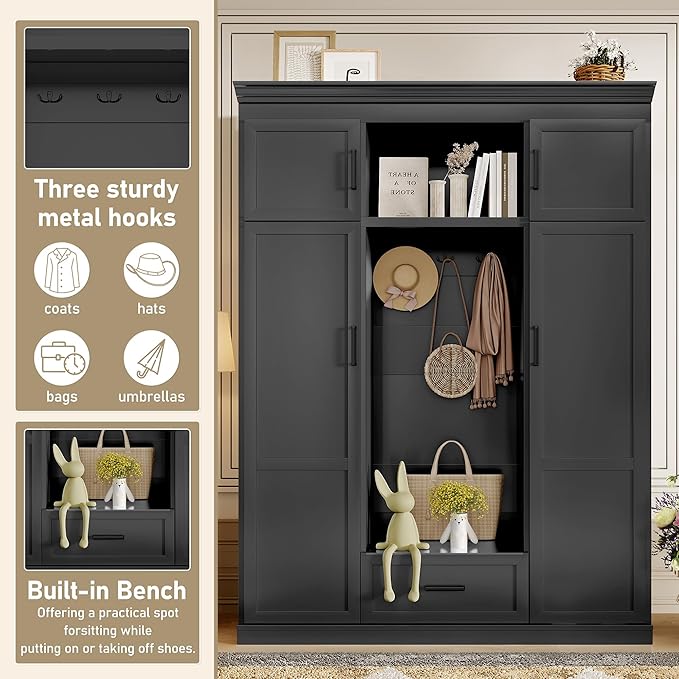 85.2''H Hall Tree with Bench and 3 Hooks, Modern Large Hall Tree with 5 Drawers and Adjustable Shelves, Entryway Storage Organizer Cabinet with 4 Doors for Hallway, Living Room (Black/509)
