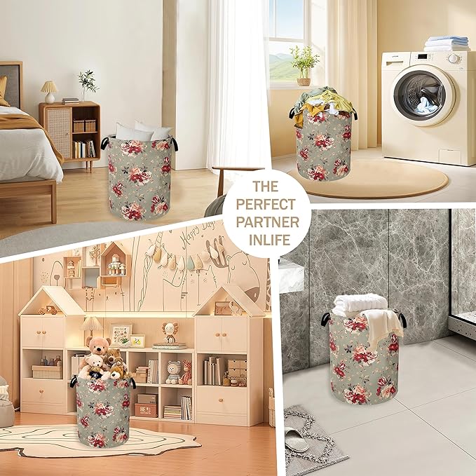 Red Rose Flowers Laundry Hamper,Vintage Floral Clothes Hamper for Laundry,Waterproof Oxford Toy Storage Collapsible Hampers for Bedroom, Dorm Room,Bathroom,16x20 Inch